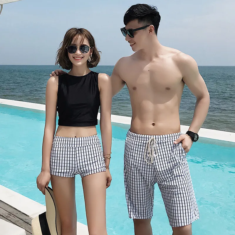 ファッション 韓国系 チェック柄 切り替え ビーチ ペアルック 水着