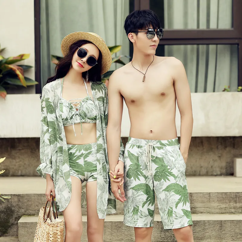 オシャレ韓国風 カップル水着  3点セット ボウタイ 総柄 ビーチパンツ 清新 プリント 体型カバー ビキニ