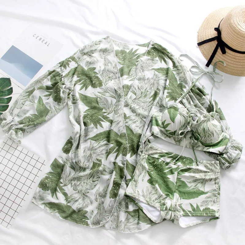 オシャレ韓国風 カップル水着  3点セット ボウタイ 総柄 ビーチパンツ 清新 プリント 体型カバー ビキニ