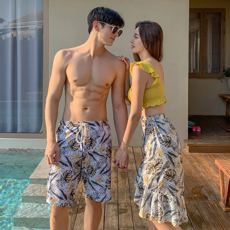 【カップル水着】韓国風 配色 プリント 単品販売 ボウタイ ペア Ⅴネック ビキニ