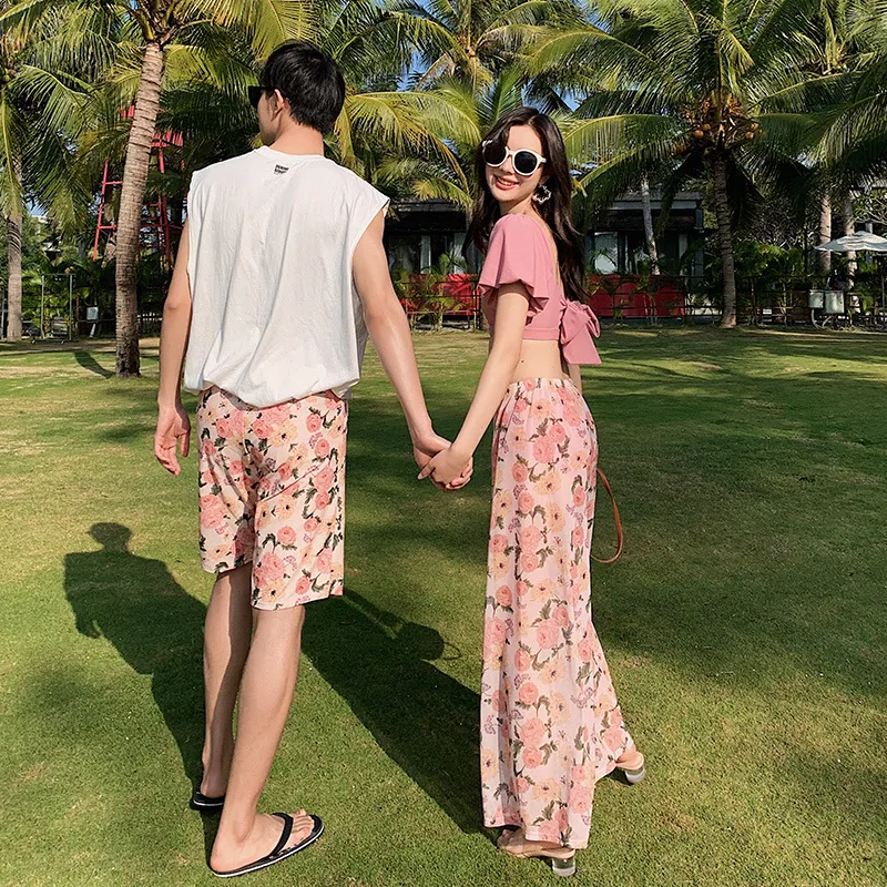 おしゃれ カップル 花柄 体型カバー ペア パフスリーブ お揃い 温泉 海 リボン タンキニ ビキニ