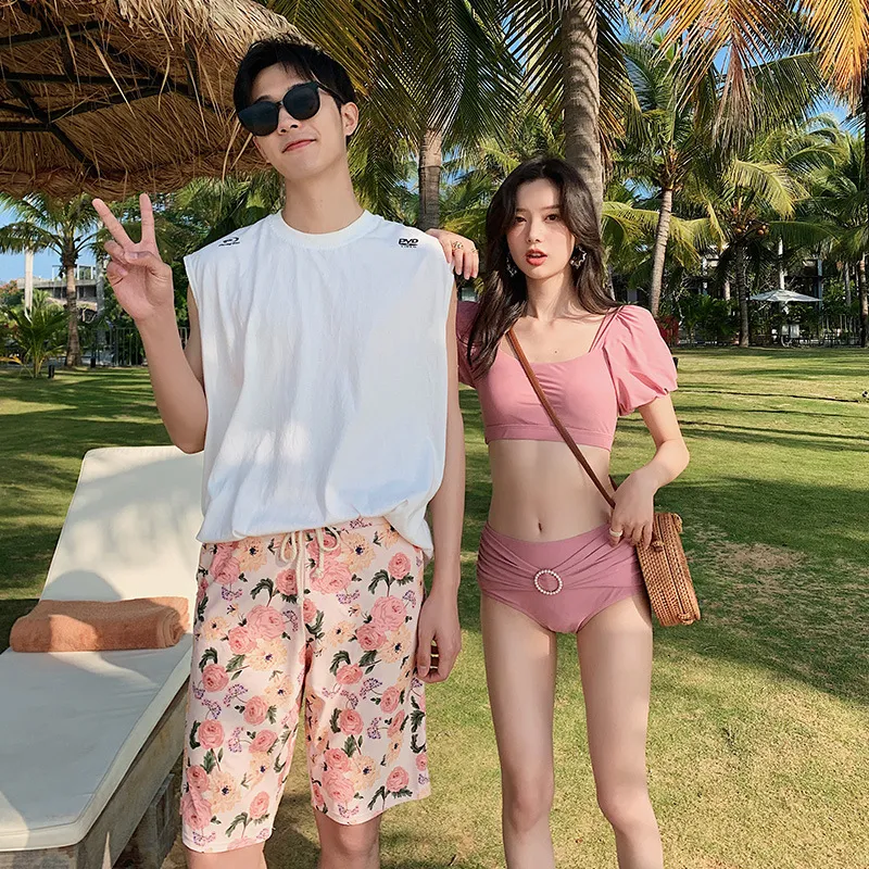 おしゃれ カップル 花柄 体型カバー ペア パフスリーブ お揃い 温泉 海 リボン タンキニ ビキニ