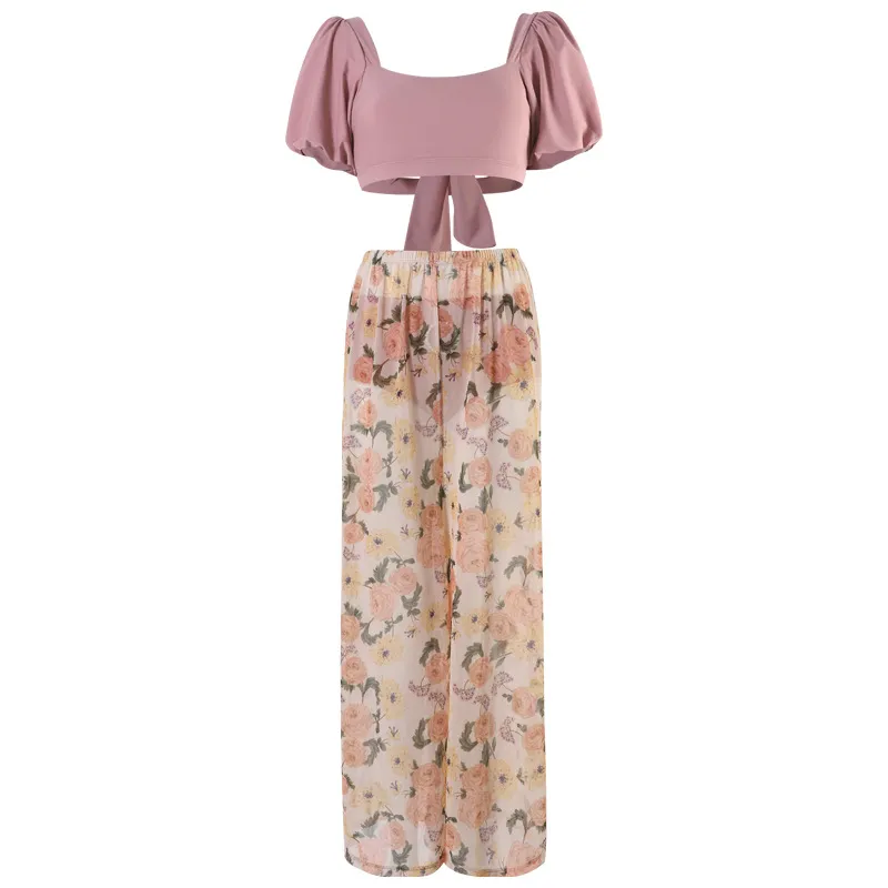 おしゃれ カップル 花柄 体型カバー ペア パフスリーブ お揃い 温泉 海 リボン タンキニ ビキニ