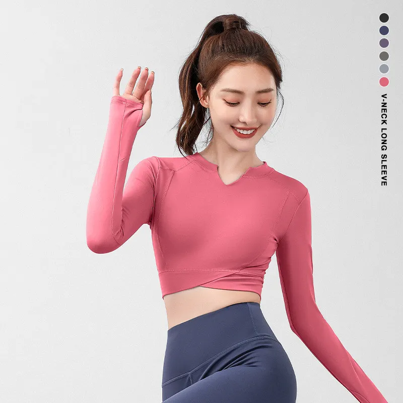 韓国風ファッション Vネック 速乾 体型をカバー 接触冷感 ぴったりしたサイズ感 長袖 ヨガ トップス