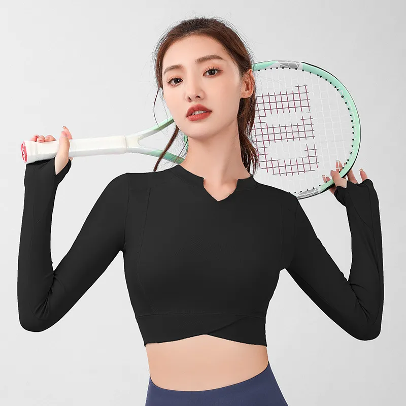 韓国風ファッション Vネック 速乾 体型をカバー 接触冷感 ぴったりしたサイズ感 長袖 ヨガ トップス