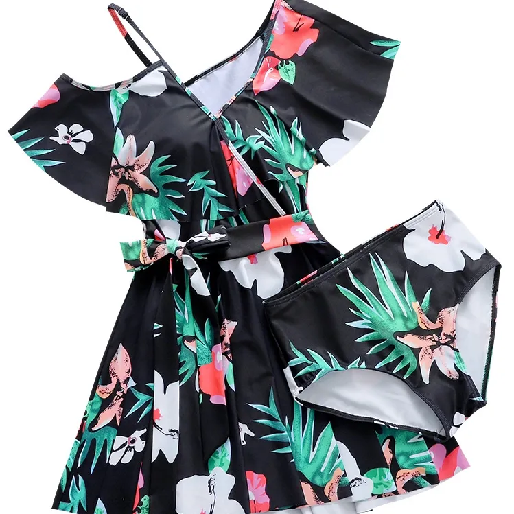 夏の情熱 レトロ 総柄 スウィート フリル袖  オフショルダー プリント 体型カバー ワンピース ビーチパンツ  ペア水着
