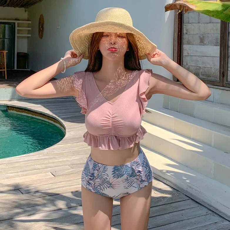 【カップル水着】単品販売可能 総柄 ギャザー プリント Ⅴネック デート 体型カバー フリル袖 ビキニ