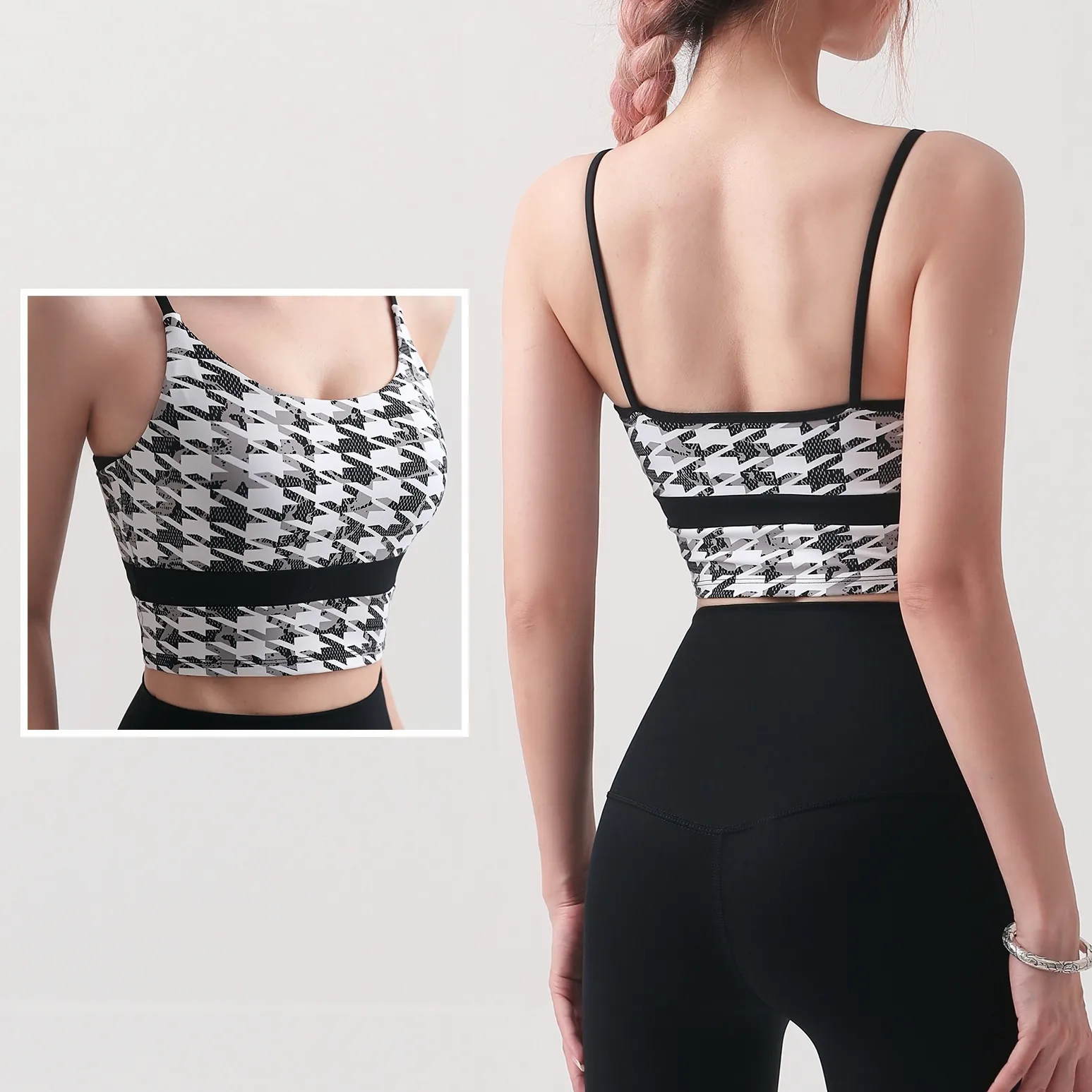 韓国の人気爆発 千鳥格子 スポーツ 配色 高品質 ファッション 切り替え 肌着 背魅せ ヨガトップス