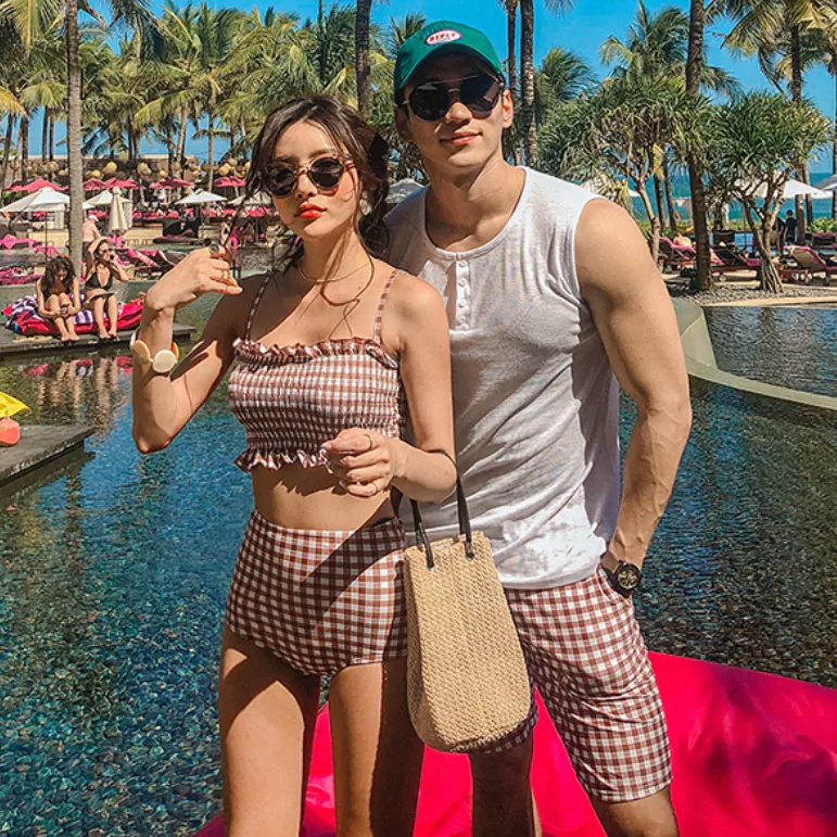 【カップル】韓国風 ギャザー チェック柄 キャミソール 夏 温泉 ビキニ