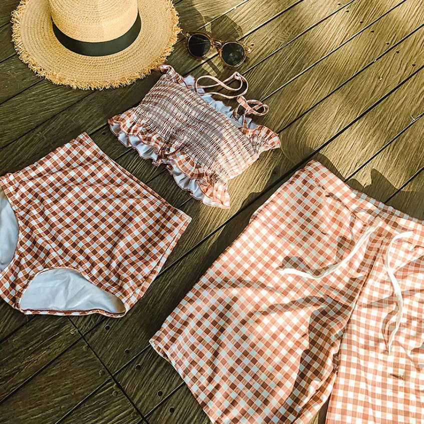 【カップル】韓国風 ギャザー チェック柄 キャミソール 夏 温泉 ビキニ