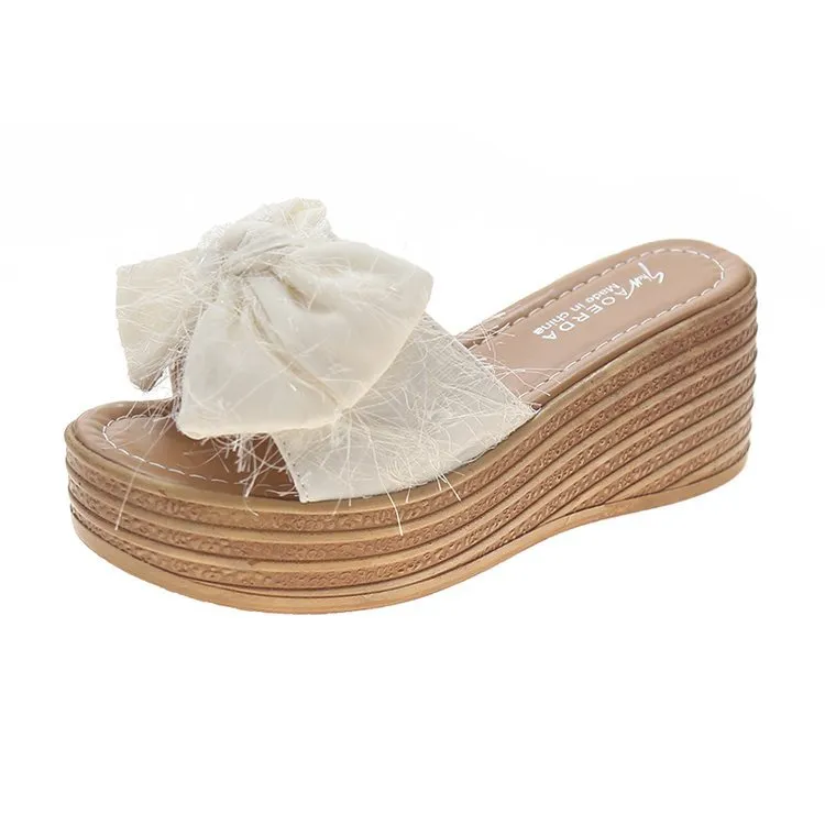 おしゃれ 脚長く見え リボン 大人可愛い 丸トゥ 厚底 ウェッジソール ビーチ サンダル シューズ