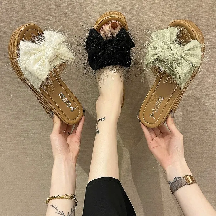 おしゃれ 脚長く見え リボン 大人可愛い 丸トゥ 厚底 ウェッジソール ビーチ サンダル シューズ