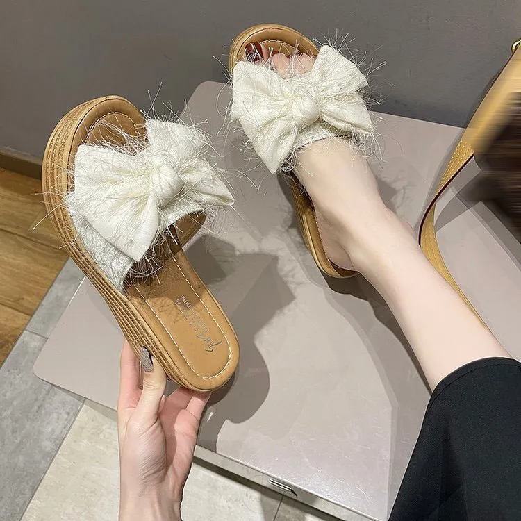 おしゃれ 脚長く見え リボン 大人可愛い 丸トゥ 厚底 ウェッジソール ビーチ サンダル シューズ