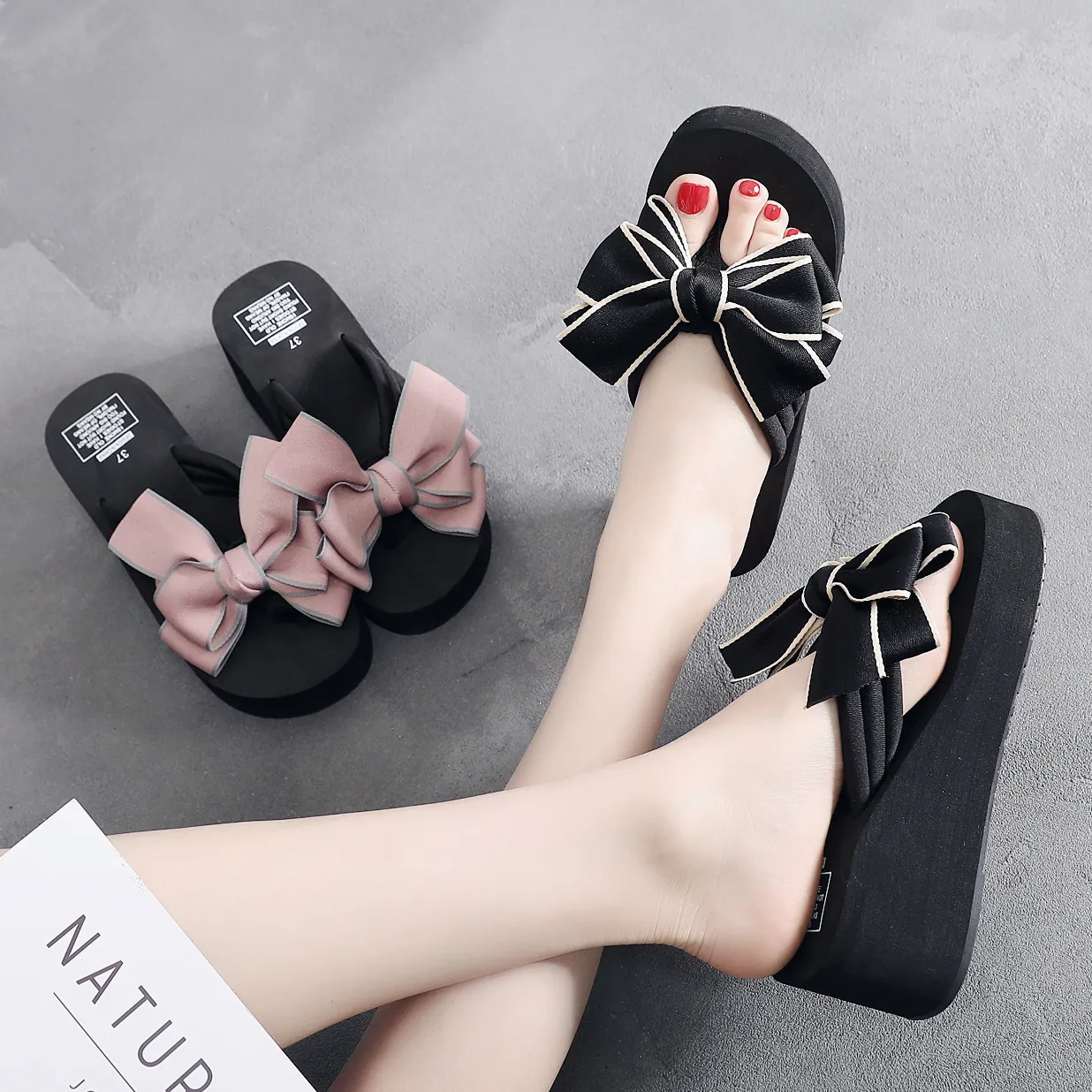 【3cm/6cmの厚さ】リボン 厚底 滑り止め 海辺 海水浴 オシャレ 疲れない 履きやすい 美脚 ビーチサンダル