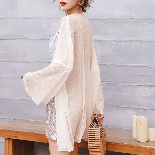 日焼け予防 きれいめ 無地 スピーカースリーブ 水着用 シフォン 九分袖 カーディガン ラッシュガード