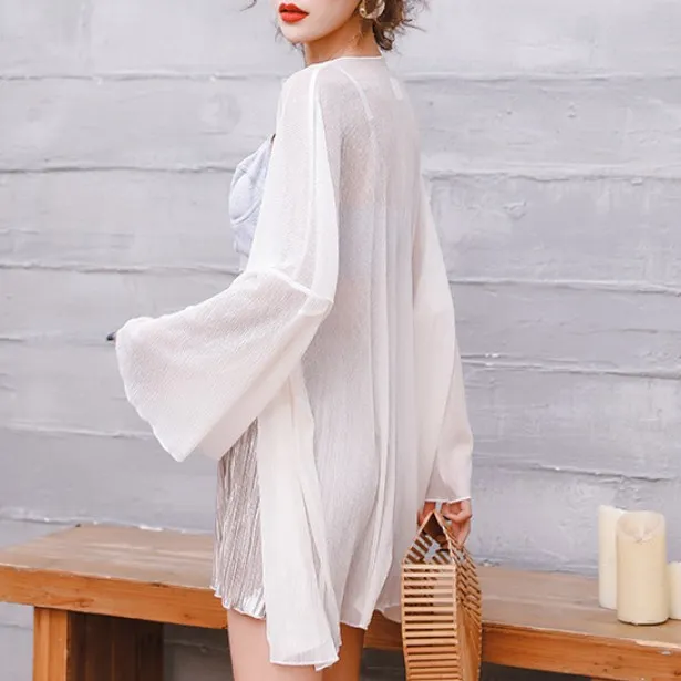 日焼け予防 きれいめ 無地 スピーカースリーブ 水着用 シフォン 九分袖 カーディガン ラッシュガード