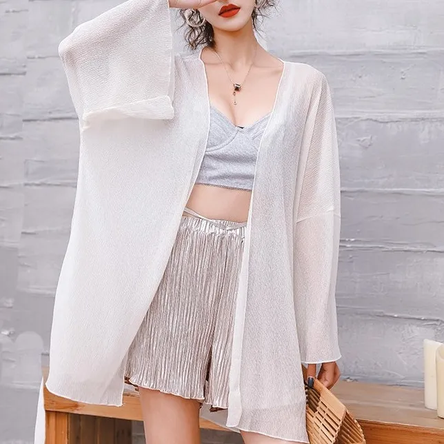 日焼け予防 きれいめ 無地 スピーカースリーブ 水着用 シフォン 九分袖 カーディガン ラッシュガード