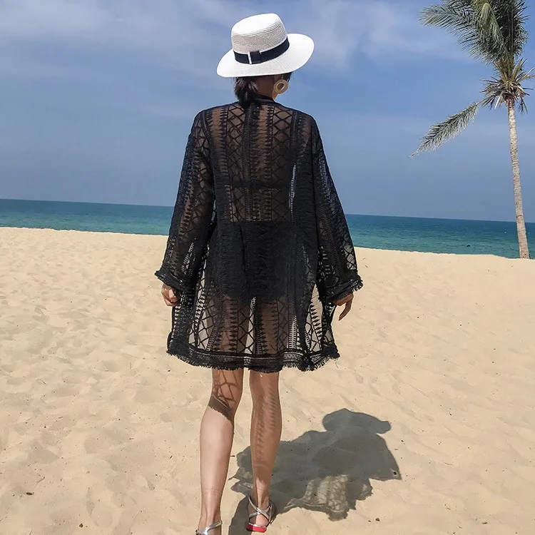 ボヘミアンスタイル  無地  切り替え  刺繍  透かし彫り  Vネック 水着用 日焼け防止 カーディガン ラッシュガード