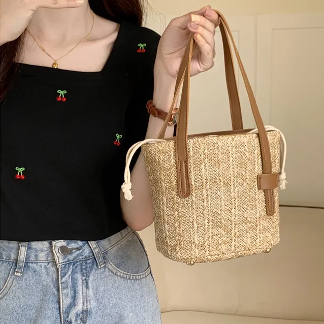 今季大流行 ハンドバッグ 斜め掛け可 カジュアル 文芸風 OL/通勤 ビーチ 草編み バケツバッグ