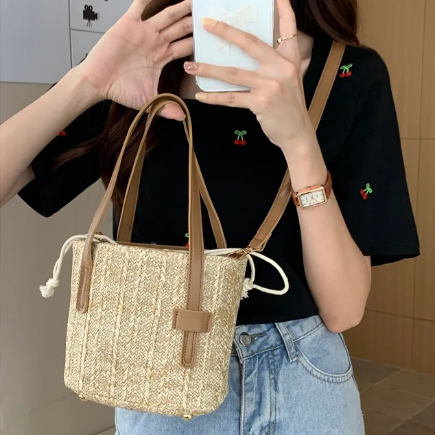 今季大流行 ハンドバッグ 斜め掛け可 カジュアル 文芸風 OL/通勤 ビーチ 草編み バケツバッグ
