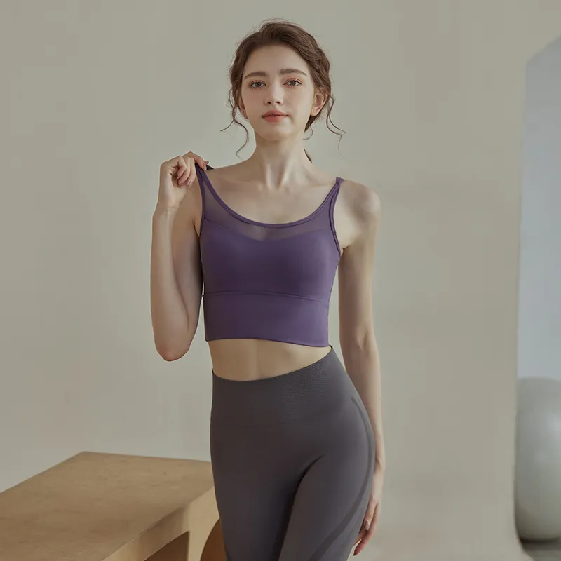 セクシー メッシュ 切り替え 透かし彫り キャミソール 無地 スポーツ風 ヨガトップス