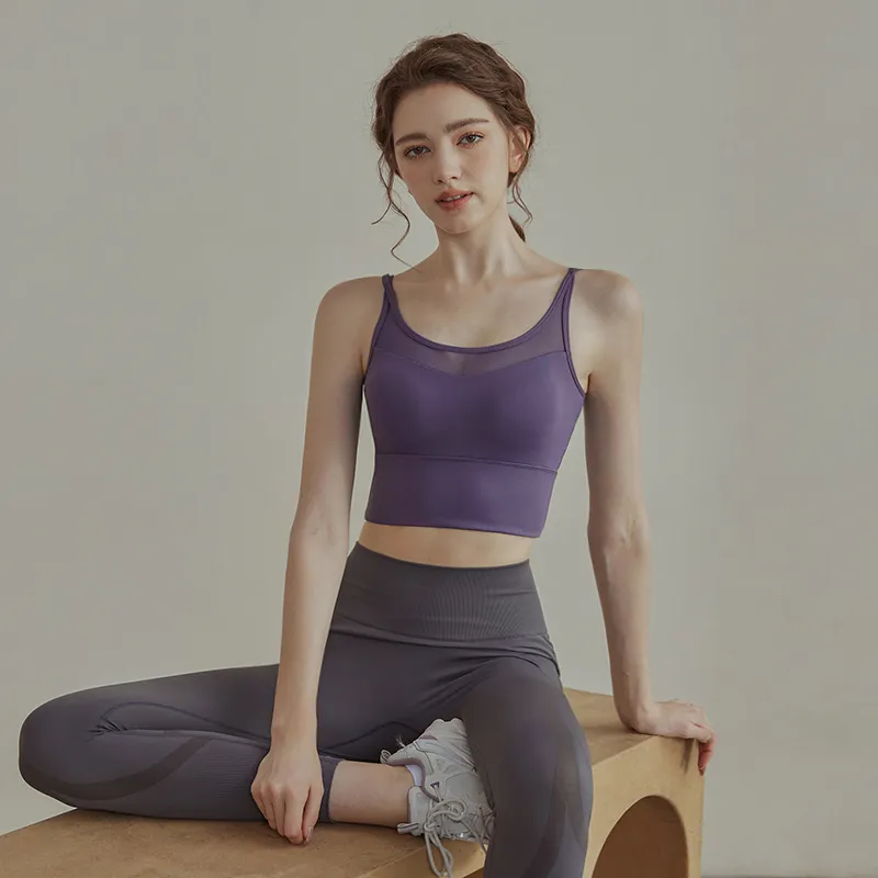 セクシー メッシュ 切り替え 透かし彫り キャミソール 無地 スポーツ風 ヨガトップス