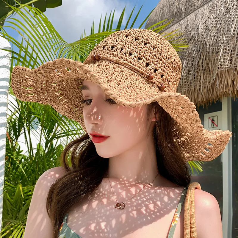 インスタ映え 小顔効果 透かし彫り 折りたたみ つば広 ビーチ 紫外線カット 麦わら帽子