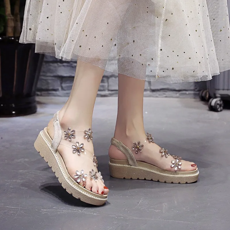 エレガント おしゃれ オープントゥ ラインストーン ゴム入り カジュアル シューズ サンダル