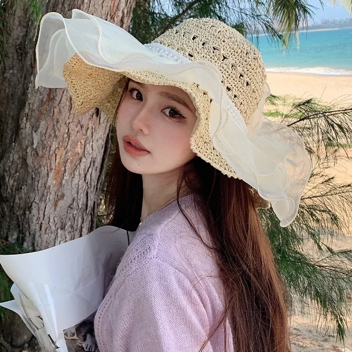 韓国風 メッシュ 切り替え 日焼け止め 抗紫外線 ビーチ 草編み 透かし彫り ハット