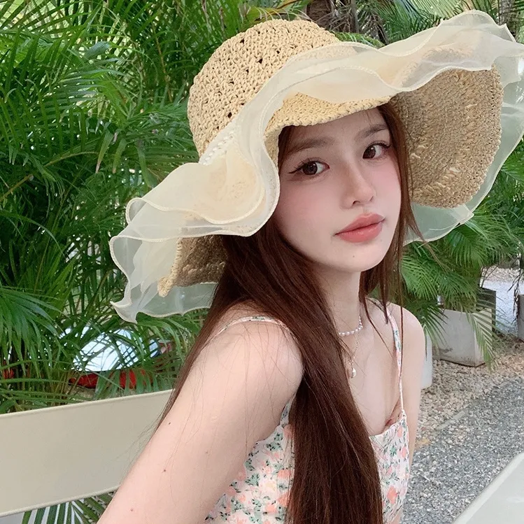 韓国風 メッシュ 切り替え 日焼け止め 抗紫外線 ビーチ 草編み 透かし彫り ハット
