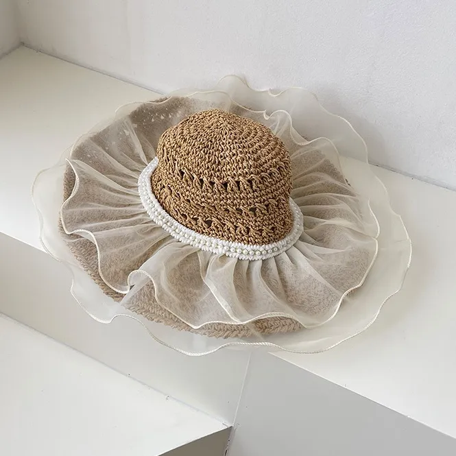 韓国風 メッシュ 切り替え 日焼け止め 抗紫外線 ビーチ 草編み 透かし彫り ハット