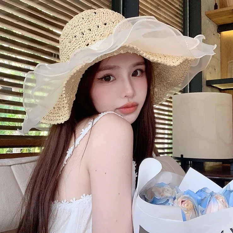 韓国風 メッシュ 切り替え 日焼け止め 抗紫外線 ビーチ 草編み 透かし彫り ハット