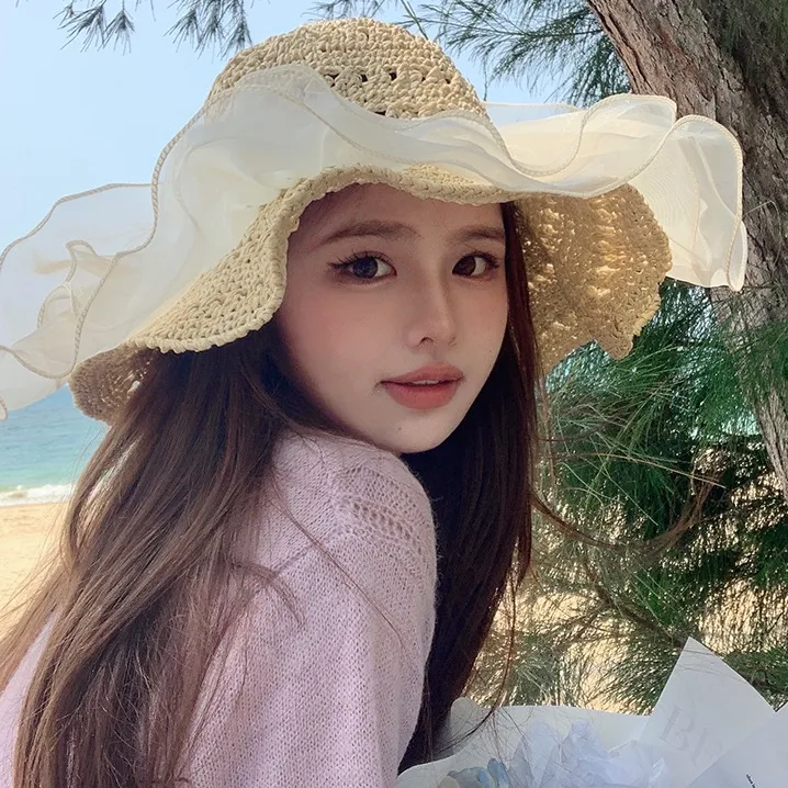 韓国風 メッシュ 切り替え 日焼け止め 抗紫外線 ビーチ 草編み 透かし彫り ハット