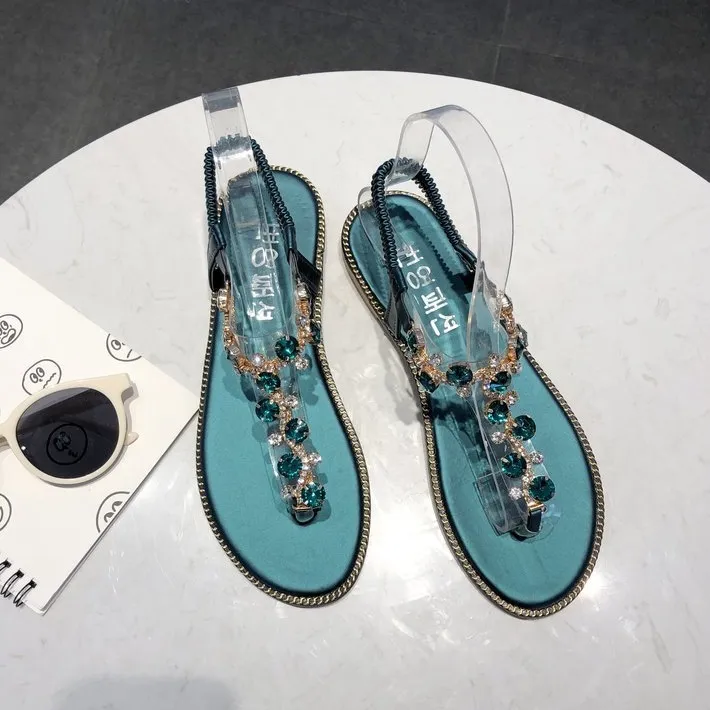 夏を楽しむ ボヘミア 通勤 通学 合わせやすい ビーチ フラットヒール 輪ゴム ラインストーン サンダル