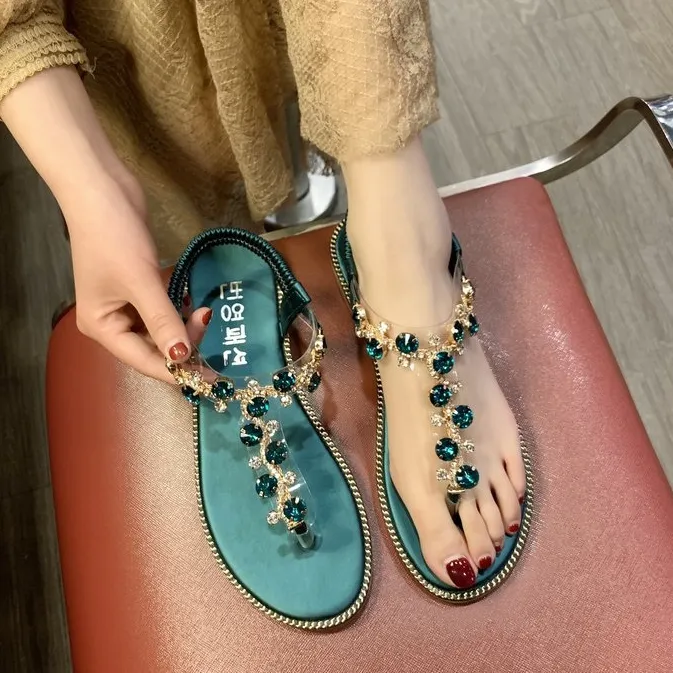 夏を楽しむ ボヘミア 通勤 通学 合わせやすい ビーチ フラットヒール 輪ゴム ラインストーン サンダル