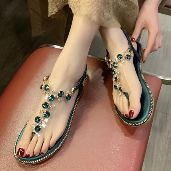 夏を楽しむ ボヘミア 通勤 通学 合わせやすい ビーチ フラットヒール 輪ゴム ラインストーン サンダル