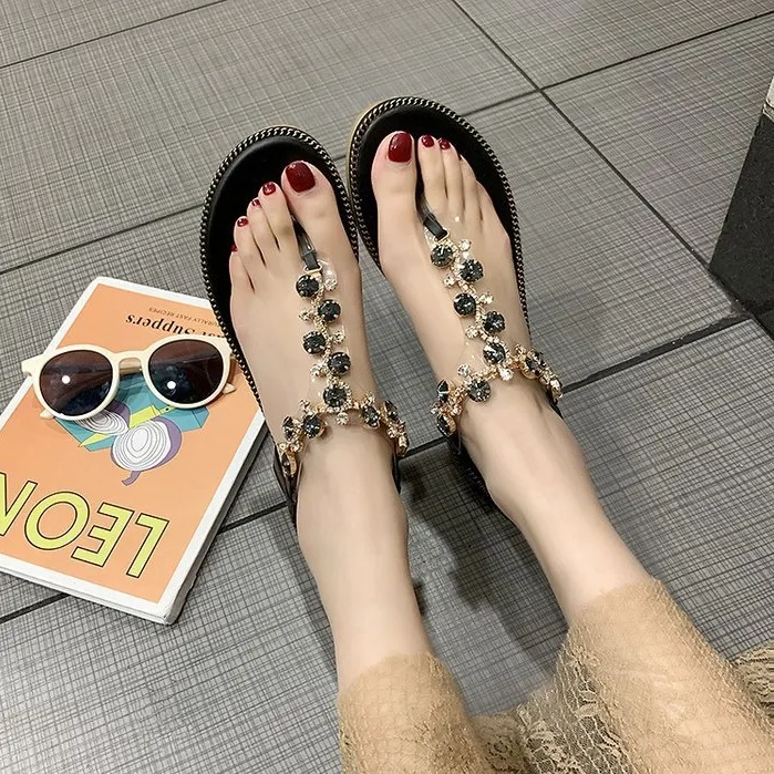 夏を楽しむ ボヘミア 通勤 通学 合わせやすい ビーチ フラットヒール 輪ゴム ラインストーン サンダル