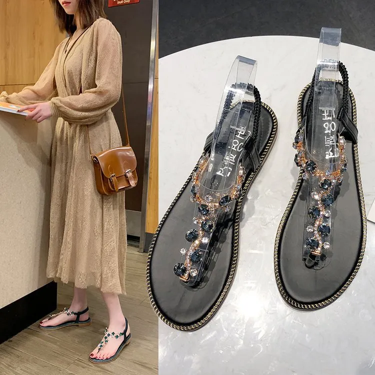 夏を楽しむ ボヘミア 通勤 通学 合わせやすい ビーチ フラットヒール 輪ゴム ラインストーン サンダル