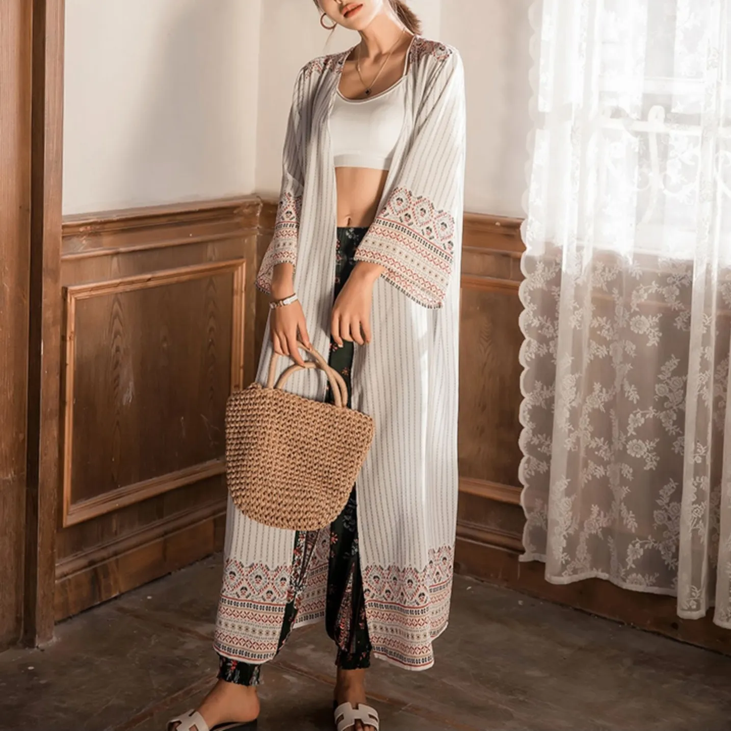 ボヘミアンスタイル 美人度UP プリント ビーチ 海 日焼け止め ロング カーディガン