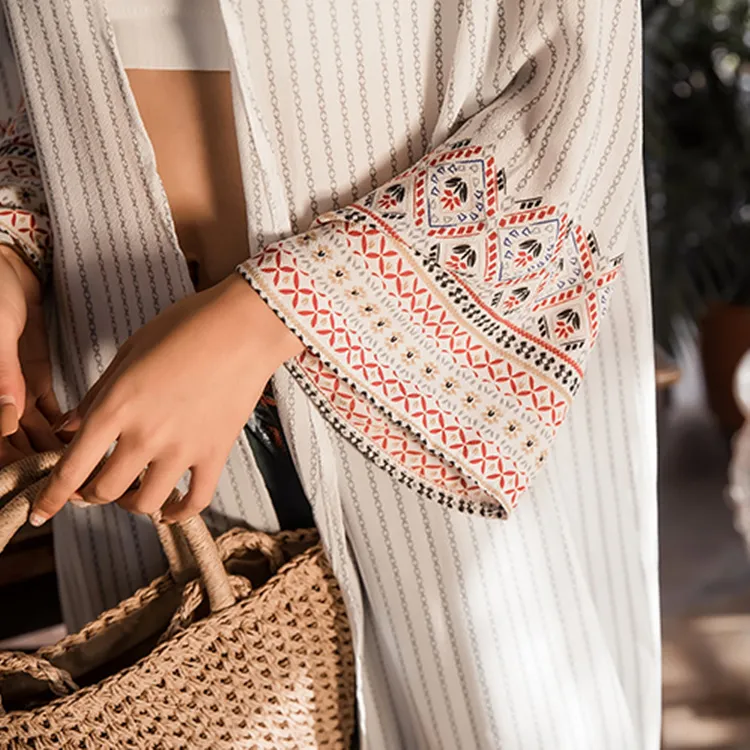 ボヘミアンスタイル 美人度UP プリント ビーチ 海 日焼け止め ロング カーディガン