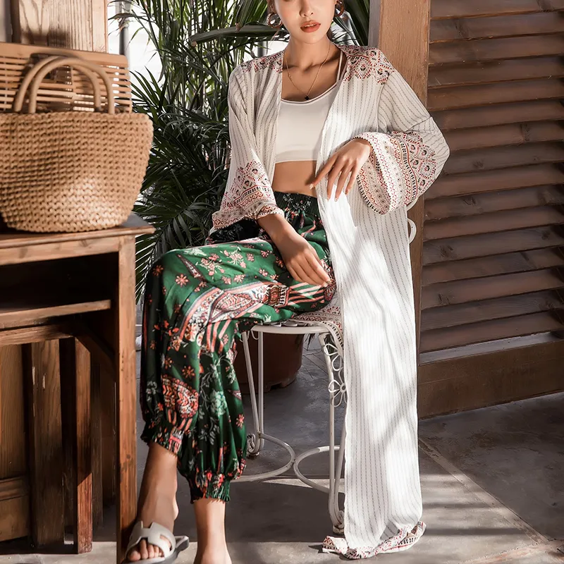ボヘミアンスタイル 美人度UP プリント ビーチ 海 日焼け止め ロング カーディガン