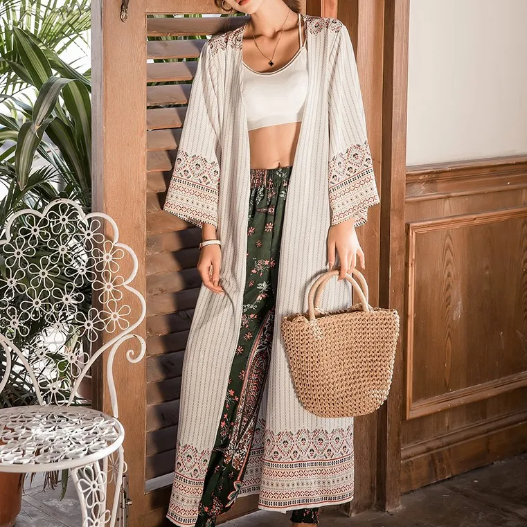 ボヘミアンスタイル 美人度UP プリント ビーチ 海 日焼け止め ロング カーディガン