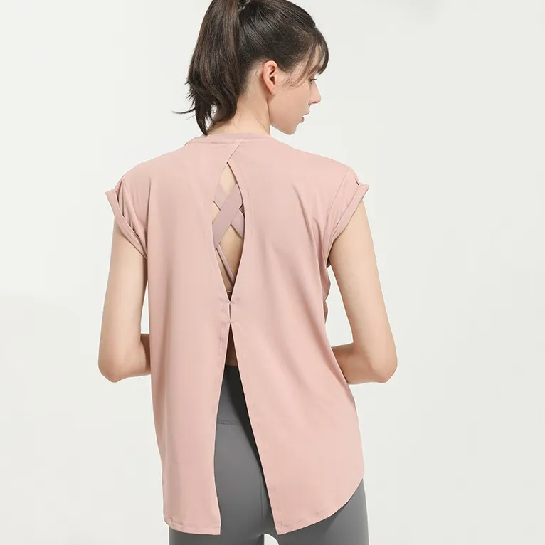 吸汗速乾素材  カジュアル 無地 スポーツ スリット ヨガ トップス