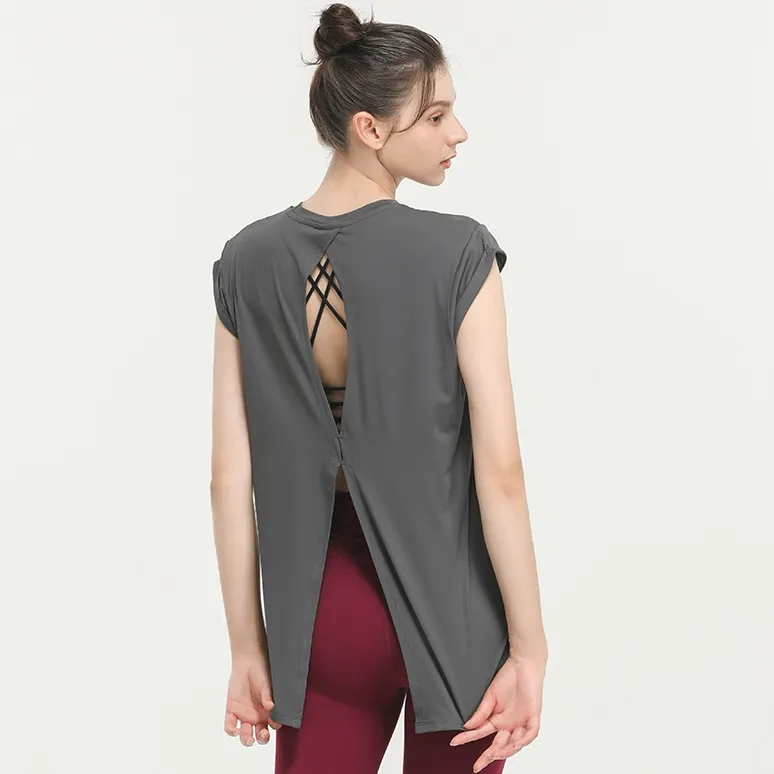 吸汗速乾素材  カジュアル 無地 スポーツ スリット ヨガ トップス