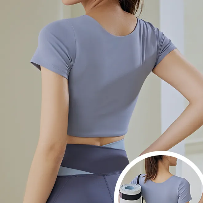 高級感 半袖 配色 カジュアル 定番 不規則 ラウンドネック ヨガ トップス