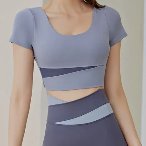 高級感 半袖 配色 カジュアル 定番 不規則 ラウンドネック ヨガ トップス