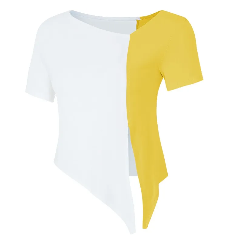 全3色 シンプル 配色 カジュアル ボウタイ 不規則 スリット ヨガ トップス