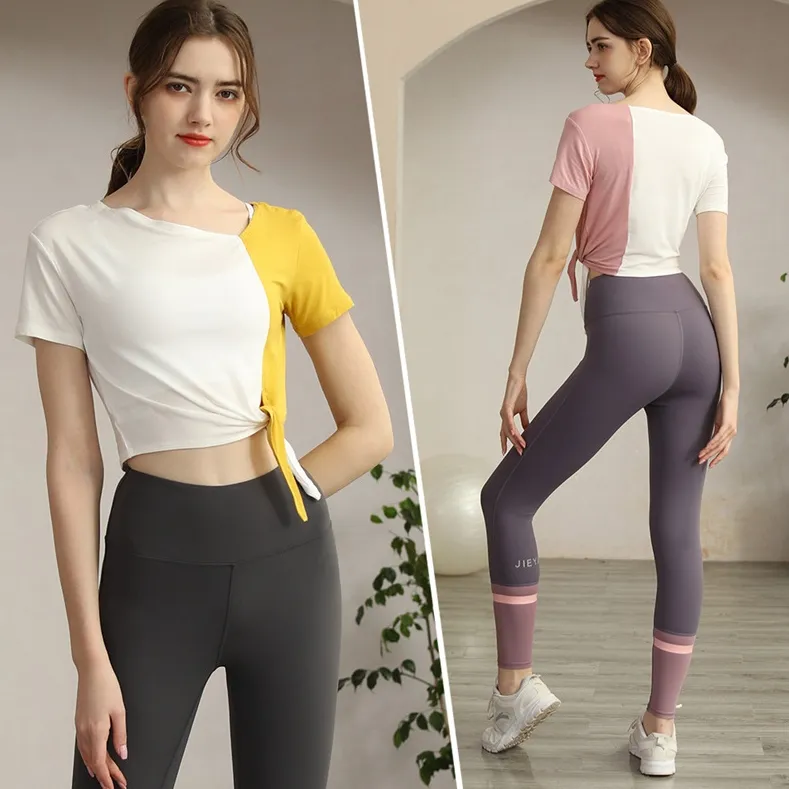 全3色 シンプル 配色 カジュアル ボウタイ 不規則 スリット ヨガ トップス