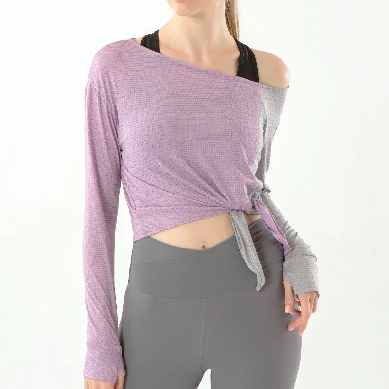 気質アップ スポーツ スリット シンプル 通気性良い ワンショルダー 切り替え ヨガトップス