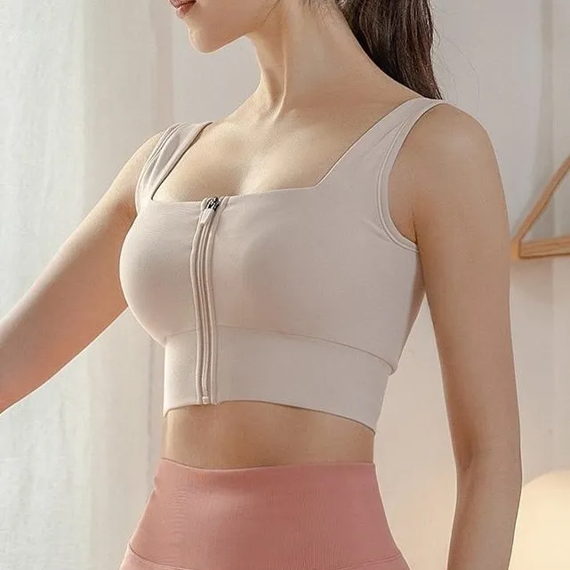 新入荷 セクシー 速乾素材  無地  ジッパー シンプル スクエアネック ヨガ トップス